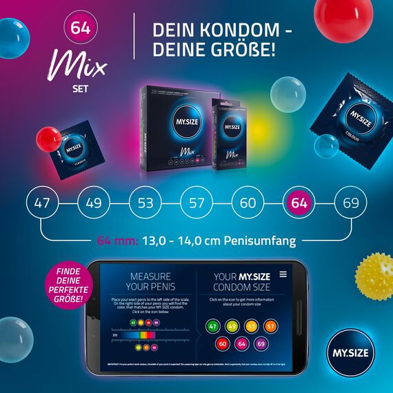 MY.SIZE Mix SET Größe 6, 64 mm: 10 Classic Kondome + 10 Kondome in 4 aufregenDen Sorten, mit Aroma, Farbe, Genoppt & Classic