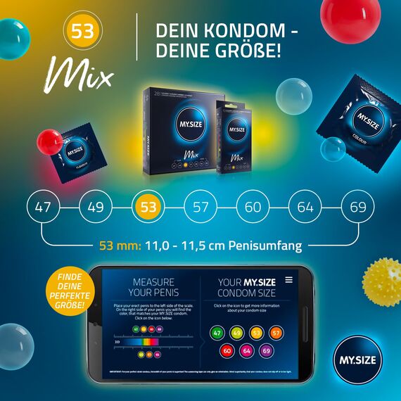 My.Size Mix Kondome Größe 3, 53 mm, Standardpackung, | 10 Stück | Condome in 4 aufregenDen Sorten, mit Aroma, Farbe, Genoppt & Classic