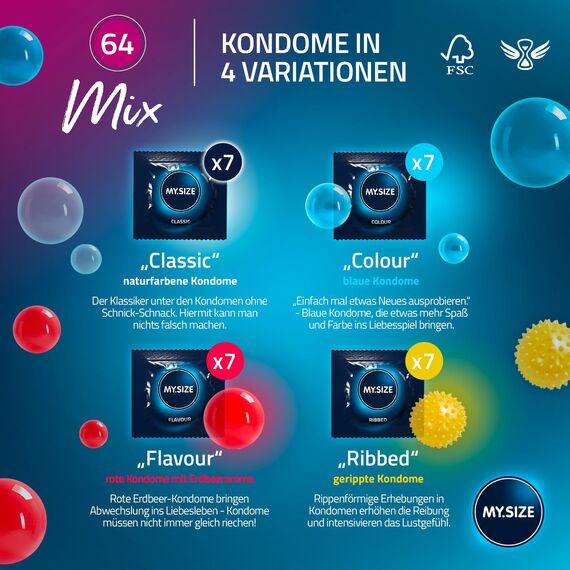 My.Size Mix Kondome Größe 6, 64 mm, Großpackung | 28 Stück | in 4 aufregenDen Sorten, mit Aroma, Farbe, Genoppt & Classic