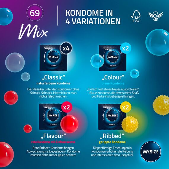 My.Size Mix Kondome Größe 7, 69 mm, Standardpackung, | 10 Stück | Condome in 4 aufregenDen Sorten, mit Aroma, Farbe, Genoppt & Classic