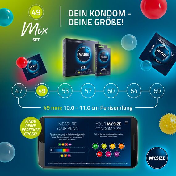 MY.SIZE Mix SET Größe 2, 49 mm: 10 Classic Kondome + 10 Kondome in 4 aufregenDen Sorten, mit Aroma, Farbe, Genoppt & Classic