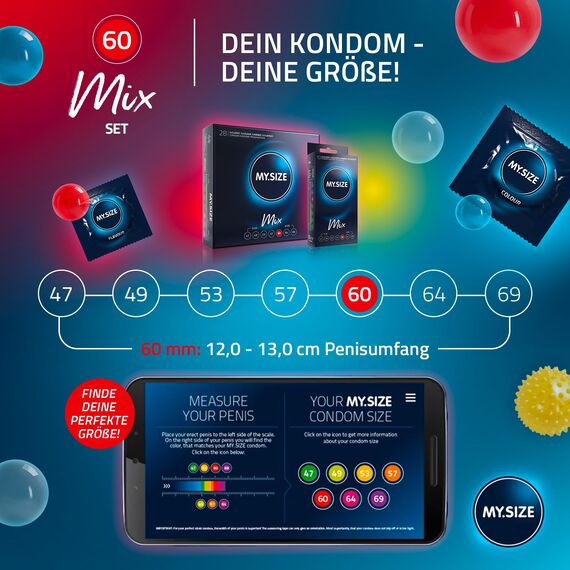 MY.SIZE Mix SET Größe 5, 60 mm: 10 Classic Kondome + 10 Kondome in 4 aufregenDen Sorten, mit Aroma, Farbe, Genoppt & Classic
