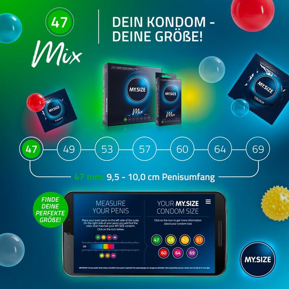 My.Size Mix Kondome Größe 1, 47 mm, Großpackung, | 28 Stück | Condome in 4 aufregenDen Sorten, mit Aroma, Farbe, Genoppt & Classic