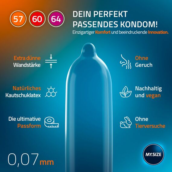 MY.SIZE Classic Premium 3er Probierpackung | 57, 60, 64 mm Breite | 3x3 Stück extra dünn | gefühlsecht hauchzart | dünne 0,07mm Wandstärke | Vegan