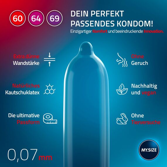 MY.SIZE Kondome, 10er Probierset (je 3x 60, 64, 69 mm) 3x10 Stück extra dünn | gefühlsecht hauchzart | dünne 0,07mm