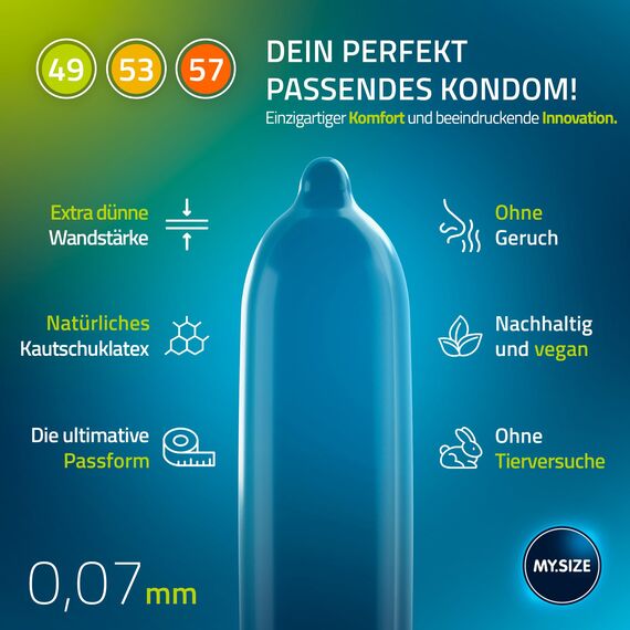 MY.SIZE Classic Kondome 3er Probierpackung | 49, 53, 57 mm Breite | 3x3 Stück extra dünn | gefühlsecht hauchzart | dünne 0,07 mm Wandstärke | Vegan