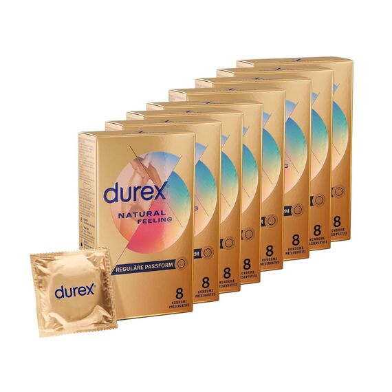 Durex Natural Feeling Kondome – Latexfreie Kondome aus Real-Feel-Material & mit anatomischer Easy-On-Form – 64er Pack (8 x 8 Stück)