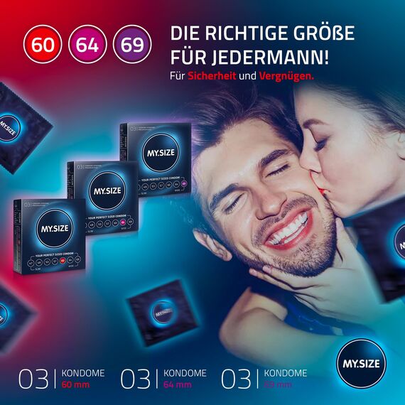 MY.SIZE Kondome, 3er Probierset (je 3x 60, 64, 69 mm) 3x3 Stück extra dünn | gefühlsecht hauchzart | dünne 0,07mm Wandstärke | Vegan