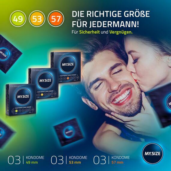 MY.SIZE Classic Kondome 3er Probierpackung | 49, 53, 57 mm Breite | 3x3 Stück extra dünn | gefühlsecht hauchzart | dünne 0,07 mm Wandstärke | Vegan