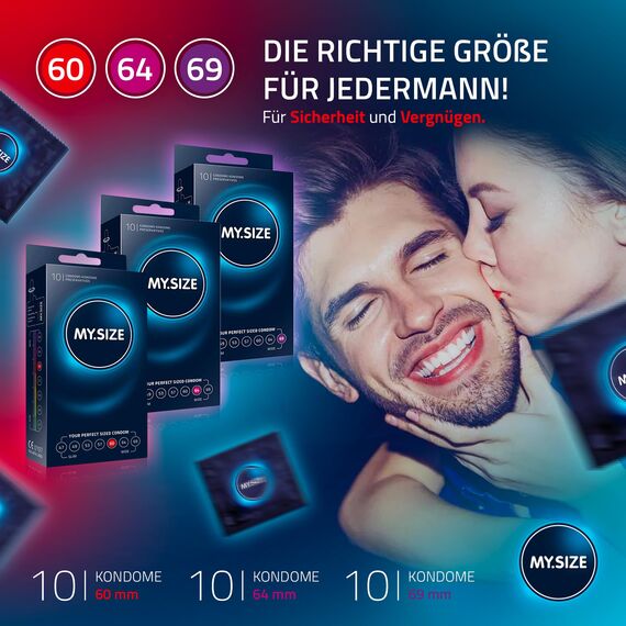 MY.SIZE Kondome, 10er Probierset (je 3x 60, 64, 69 mm) 3x10 Stück extra dünn | gefühlsecht hauchzart | dünne 0,07mm