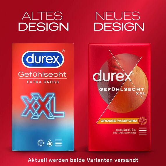 Durex Gefühlsecht XXL Kondome – Dünne Kondome mit großer Passform & mit Silikongleitgel befeuchtet – 8er Pack (1 x 8 Stück)