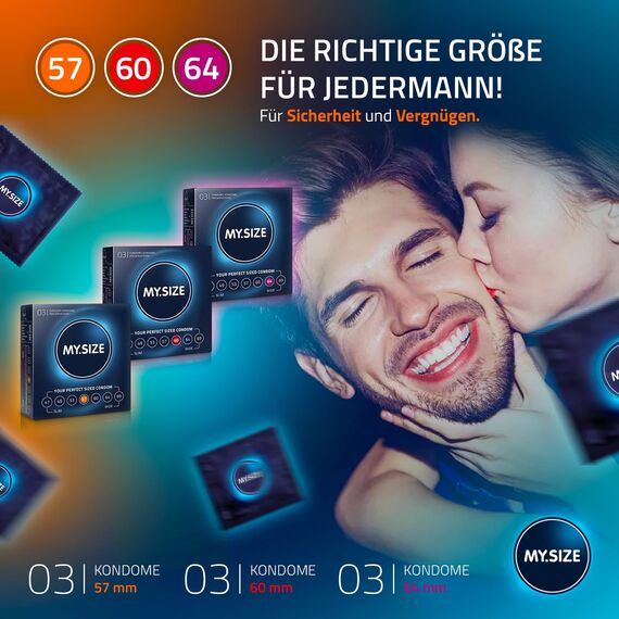 MY.SIZE Classic Premium 3er Probierpackung | 57, 60, 64 mm Breite | 3x3 Stück extra dünn | gefühlsecht hauchzart | dünne 0,07mm Wandstärke | Vegan