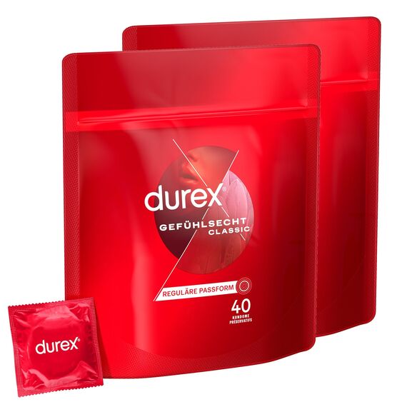 Durex Gefühlsecht Classic Kondome – Perfekter Sitz & leichtes Abrollen – Dünn, befeuchtet, transparent, angenehmer Geruch – 80 Kondome (2 x 40 Stück)