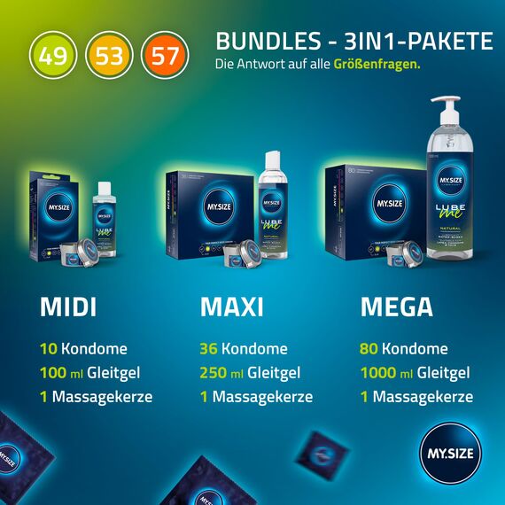 MY.SIZE Classic Kondome 3er Probierpackung | 49, 53, 57 mm Breite | 3x3 Stück extra dünn | gefühlsecht hauchzart | dünne 0,07 mm Wandstärke | Vegan