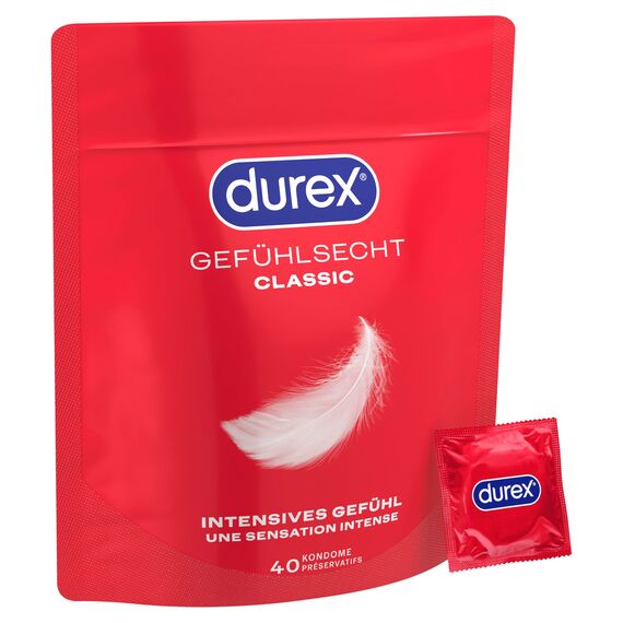 Durex Gefühlsecht Classic Kondome – Dünne Kondome mit anatomischer Easy-On-Form & mit Silikongleitgel befeuchtet – 40er Pack (1 x 40 Stück)