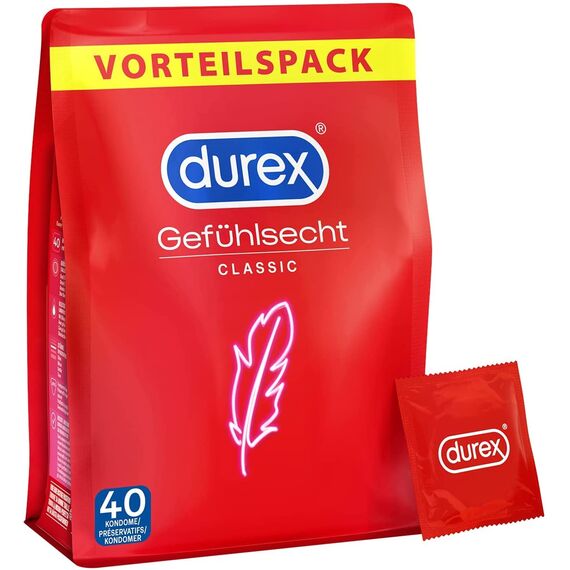 Durex Gefühlsecht Kondome, hauchzartes Kondom für intensives Empfinden, 40 Stück