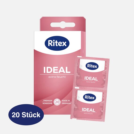 Ritex Kondome Ideal – Kondome extra feucht 20 Stück, gefühlsecht dünn mit Gleitgel für entspannten & intensiven Sex – Vegan, dermatologisch getestet, Made in Germany
