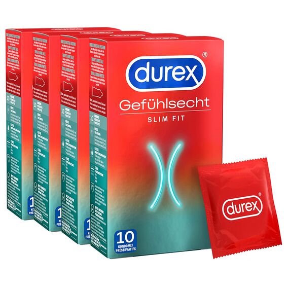 Durex Gefühlsecht Slim Kondome – Dünne Kondome mit schmaler Passform & mit Silikongleitgel befeuchtet– 4er Pack (40 Stück)