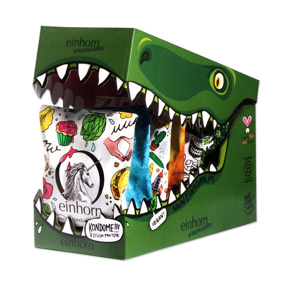 einhorn Kondome - 63 Kondome Geschenk Special - Super Dino - Standardgröße 54 mm - vegane, hormonfreie Verhütung - natürlicher Gleitfilm - nachhaltig und sicher