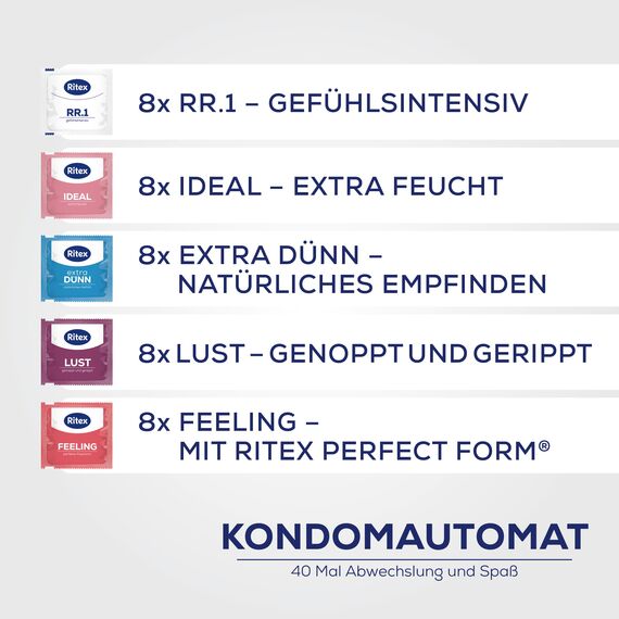 Ritex Kondomautomat – Kondome Probierpaket 40 Stück, Kondom Spender mit 5 verschiedenen Ritex Kondomen für Abwechslung & Spaß – Kondome vegan, dermatologisch getestet, Made in Germany