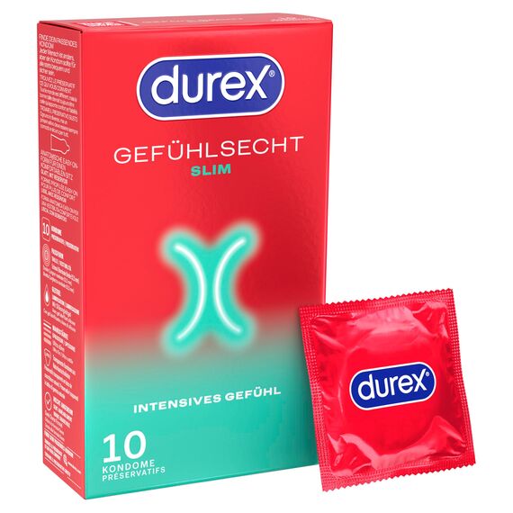 Durex Gefühlsecht Slim Kondome – Perfekter Sitz & leichtes Abrollen – Dünn, schmale Passform, befeuchtet, transparent – 10er Pack (1 x 10 Stück)