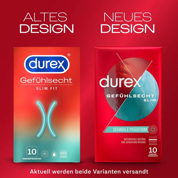 Durex Gefühlsecht Slim Kondome – Dünne Kondome mit schmaler Passform & mit Silikongleitgel befeuchtet– 3er Pack (30 Stück)