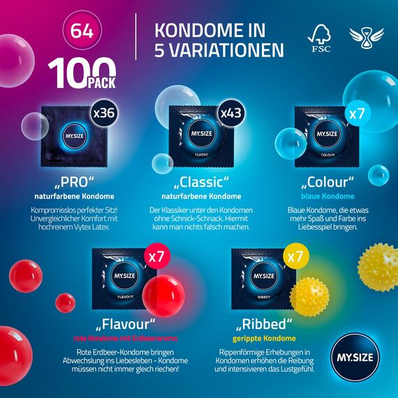 MY.SIZE 100 Kondome 64 mm Megaset Classic + Mix + Pro | Größe 6 | 100 Stück Sparpackung | Premium Kondom extra dünn | gefühlsecht hauchzart | dünne Wandstärke