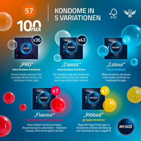 MY.SIZE 100 Kondome 57 mm Megaset Classic + Mix + Pro | Größe 4 | 100 Stück Sparpackung | Premium Kondom extra dünn | gefühlsecht hauchzart | dünne Wandstärke