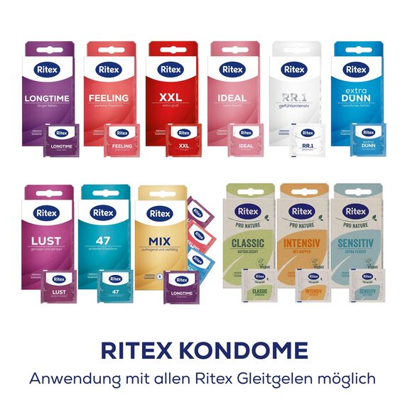 Ritex Kondome Ideal – Kondome extra feucht 20 Stück, gefühlsecht dünn mit Gleitgel für entspannten & intensiven Sex – Vegan, dermatologisch getestet, Made in Germany