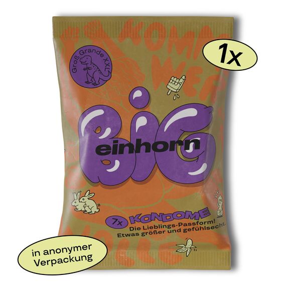 einhorn große Kondome I 7er Big I 7 Stück I XL-Größe 57 mm I vegane, hormonfreie Verhütung ohne Chemie I natürlicher Gleitfilm I nachhaltig und sicher