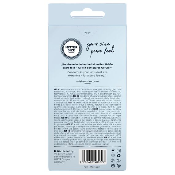 MISTER SIZE Kondome gefühlsecht hauchzart 47mm im 10er Pack/extra dünn, extra fein, extra feucht/aus 100% Naturkautschuk-Latex in deiner Größe XS/natural feeling 10er Packung