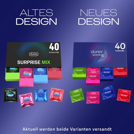 Durex Surprise Me Kondome in stylischer Box – Aufregende Vielfalt, praktisch & diskret verpackt - für sicheren Sex & extra Stimulation – 80er Großpackung (2 x 40 Stück)
