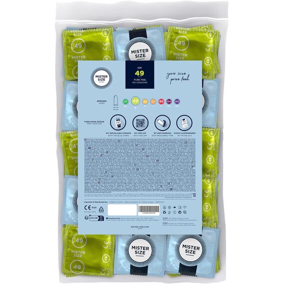MISTER SIZE Kondome gefühlsecht hauchzart 49mm im 100er Pack/extra dünn, extra fein, extra feucht/aus 100% Naturkautschuk-Latex in deiner Größe S/natural feeling 100er Beutel