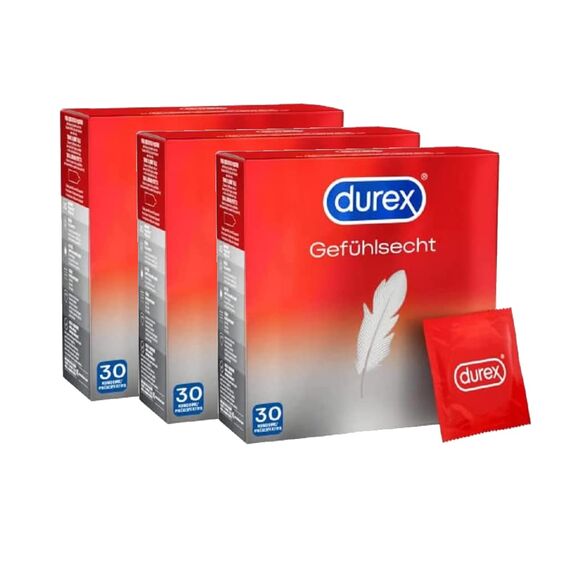 Durex Gefühlsecht Ultra Kondome – Sensi-Fit Kondome mit 20% dünnerem Material an der Spitze für intensiveres Empfinden – 30er Pack (3 x 30 Stück)