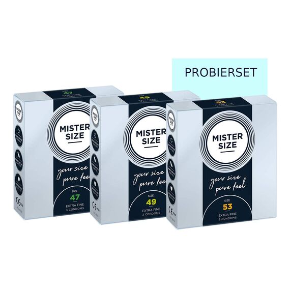 MISTER SIZE Kondome gefühlsecht hauchzart (47-49-53) 3x3 Probierset/extra dünn & extra fein/Kondom aus 100% Naturkautschuk-Latex in deiner Größe XS - S "schlankes Trio"