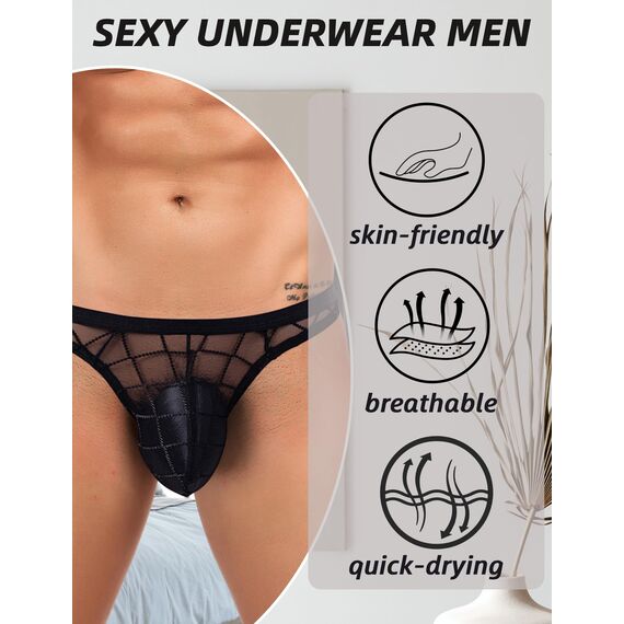 comeondear Erotische Strings für Herren Tanga Dünn Durchsichtig Sissy Dessous Unterhosen Männer Sexy Reizwäsche Gay Unterwäsche Mini Slip T Back Thong mit Beutel Große Größen Lingerie Men Schwarz,M