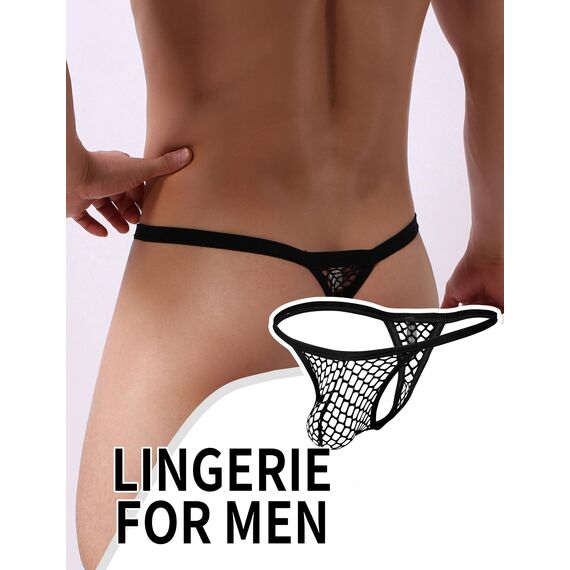 ohyeahlady Herren String Tanga Netz Slip Sexy Unterwäsche Große Größen Dessous Mesh Unterhose Transparent Thong T-Back Unterhose Elastizität G-String Low Rise Höschen Schwarz L