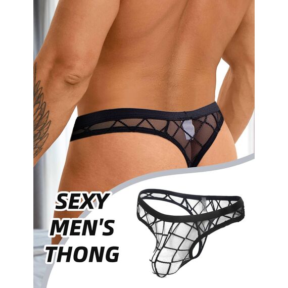 comeondear Herren String Tanga Transparent Mesh Unterhosn Mini Slips Große Größen Sexy Unterwäsche für Mann Sissy Höschen mit Pouch Dessous Reizwäsche Gay Mens Underwear Hipster Jockstrap Schwarz,L