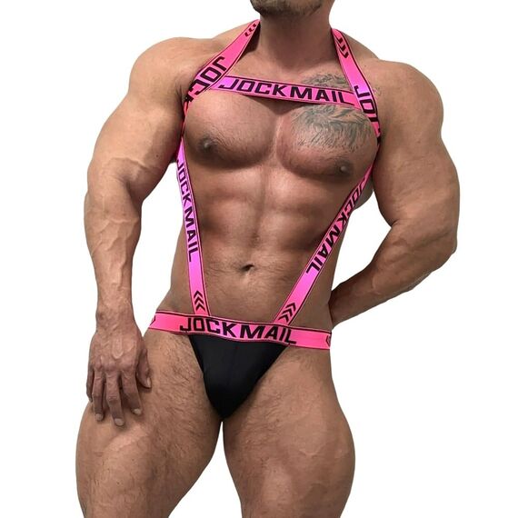 JOCKMAIL Herren Harness mit Jockstrap Bodysuit Sexy Herren Schultergurte G-String Tanga Schultergurt Fitness Einteiler, rose, M