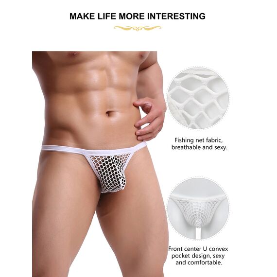 ohyeahlady Herren String Tanga Netz Slip Sexy Unterwäsche Große Größen Dessous Mesh Unterhose Transparent Thong T-Back Unterhose Elastizität G-String Low Rise Höschen Atmungsaktive Weiß S