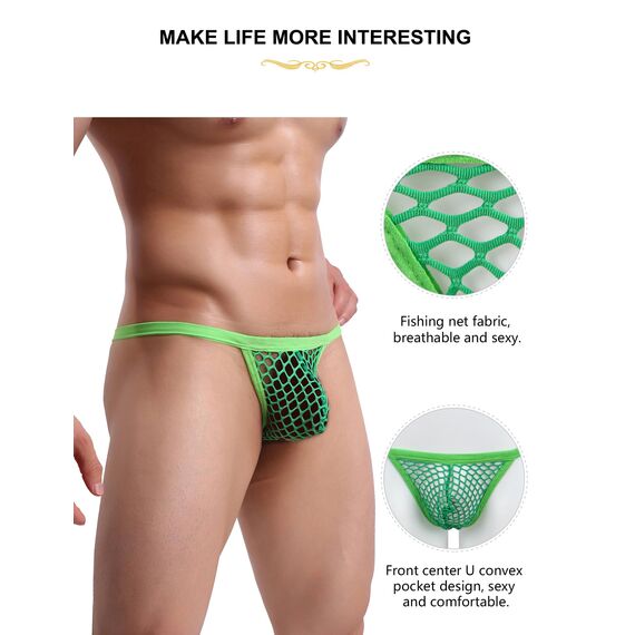 ohyeahlady Herren String Tanga Netz Slip Sexy Unterwäsche Große Größen Dessous Mesh Unterhose Transparent Thong T-Back Unterhose Elastizität G-String Low Rise Höschen Atmungsaktive Grün M