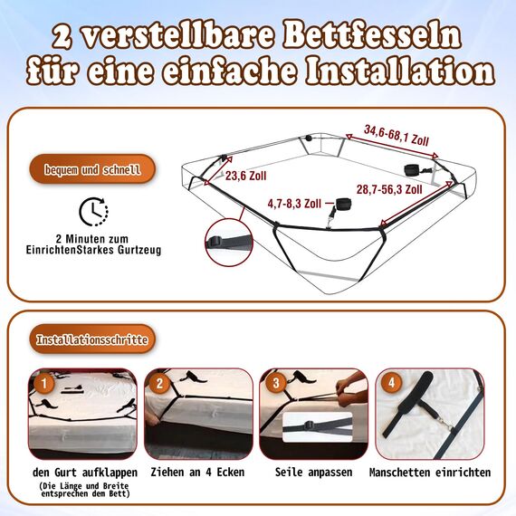 BDSM Bondage-Set für Paare: Extrem stabiles Fesselset mit Bettfesseln, Handschellen, Augenbinde und verstellbaren Bettgurten – 1-Minute-Schnellinstallation für aufregende Spiele