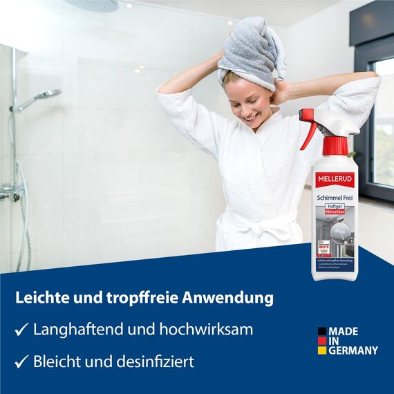 MELLERUD Schimmel Frei Haftgel Aktivchlor - 1 x 0,25 l | Schimmelentferner Bad - Chlorhaltiges, tropffreies Anti-Schimmel-Gel für Fliesen, Fugen, Wand, Decke u. v. m.