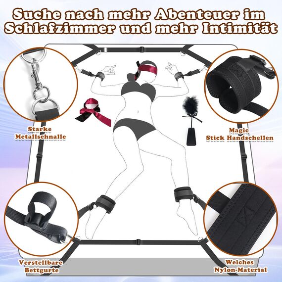 BDSM Bondage-Set für Paare: Extrem stabiles Fesselset mit Bettfesseln, Handschellen, Augenbinde und verstellbaren Bettgurten – 1-Minute-Schnellinstallation für aufregende Spiele