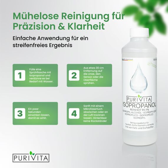 PURIVITA® Isopropanol 99,9% [3x1L] - Reinigungsalkohol Isopropanol - Reiner Alkohol zum Reinigen von Haushalt & Industrie - Isopropylalkohol - Desinfektionsmittel Reiner Alkohol - Ethylalkohol