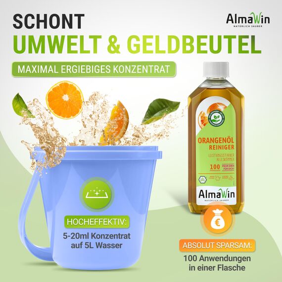 AlmaWin® Orangenölreiniger ÖKO [5x 500ml] ideal als starker Allesreiniger & Fettlöser - Veganes Orangenreiniger Konzentrat in recycelter Flasche - Besonders ergiebiger Orangenöl Reiniger