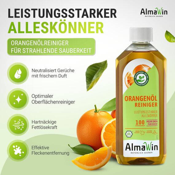 AlmaWin® Orangenölreiniger ÖKO [6x 500ml] ideal als starker Allesreiniger & Fettlöser - Veganes Orangenreiniger Konzentrat in recycelter Flasche - Besonders ergiebiger Orangenöl Reiniger