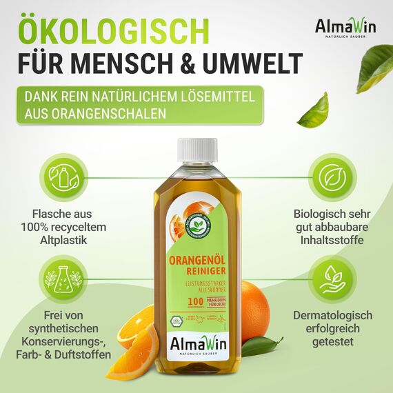 AlmaWin® Orangenölreiniger ÖKO [5x 500ml] ideal als starker Allesreiniger & Fettlöser - Veganes Orangenreiniger Konzentrat in recycelter Flasche - Besonders ergiebiger Orangenöl Reiniger