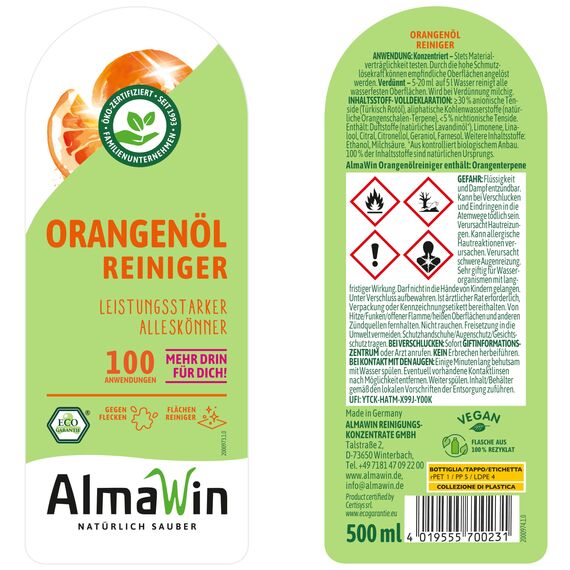 AlmaWin® Orangenölreiniger ÖKO [500ml] ideal als starker Allesreiniger & Fettlöser - Veganes Orangenreiniger Konzentrat in recycelter Flasche - Besonders ergiebiger Orangenöl Reiniger