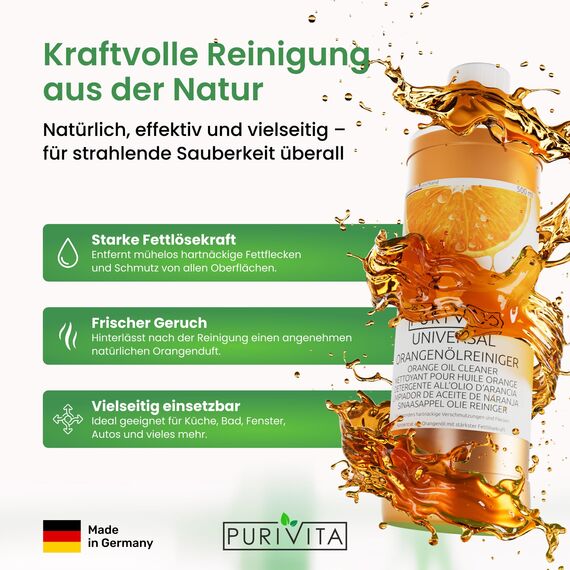 PURIVITA® Orangenölreiniger Konzentrat [500ML] - Universal Orangenreiniger Umweltfreundlich - Hochergiebiger Orangenöl Reiniger - Veganer Orangen Reiniger mit Frischeduft - Allzweckreiniger